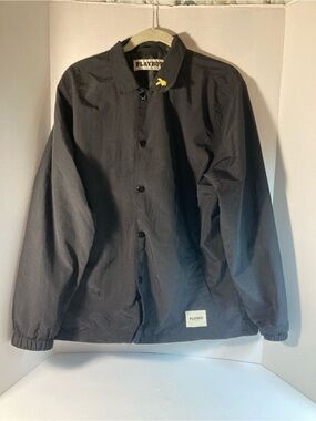 PLAYBOY Black Button-Up Coach Jacket with Yellow Bunny Accent